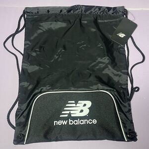 NWT New Balance Sack Backpack Black White Logo Drawstring Bag Athletic Travel
